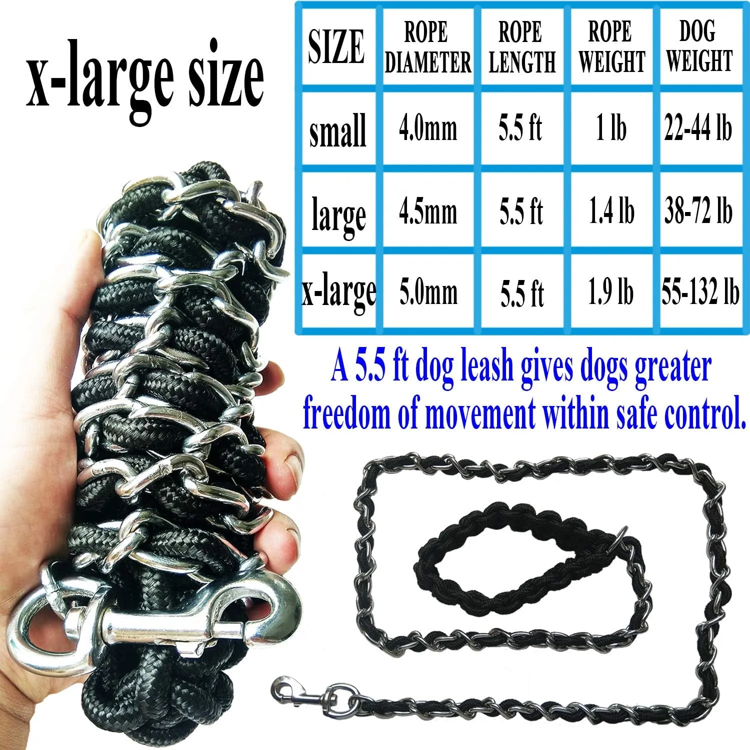 Dog Leash Metal Leashes Chain Rope with Pet Collar Training Walking Leads Heavy Duty Anti Bite 360 Hook for Medium and Large Dogs (X-Large)