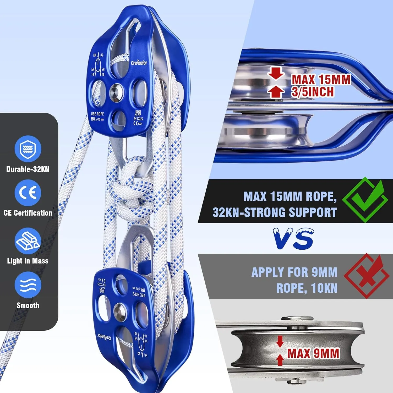 Double Block and Tackle Pulley System with 150Ft x 1/2'' Rope Pulley 7700 LB(35KN) Breaking Strength, 4:1 Lifting Power Sheave Pulley Hoist System for Garage, Attic Heavy Lifting