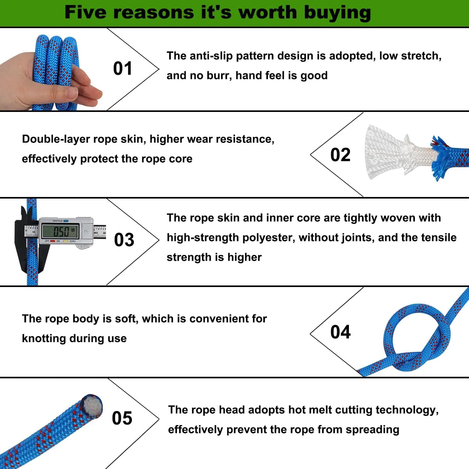 Double Braided Arborist Rigging Rope (1/2 in x 100 ft) Strong Polyester Rope 48 Strands for Tree Work Climbing Pulling Swing Sailing, Blue/Red