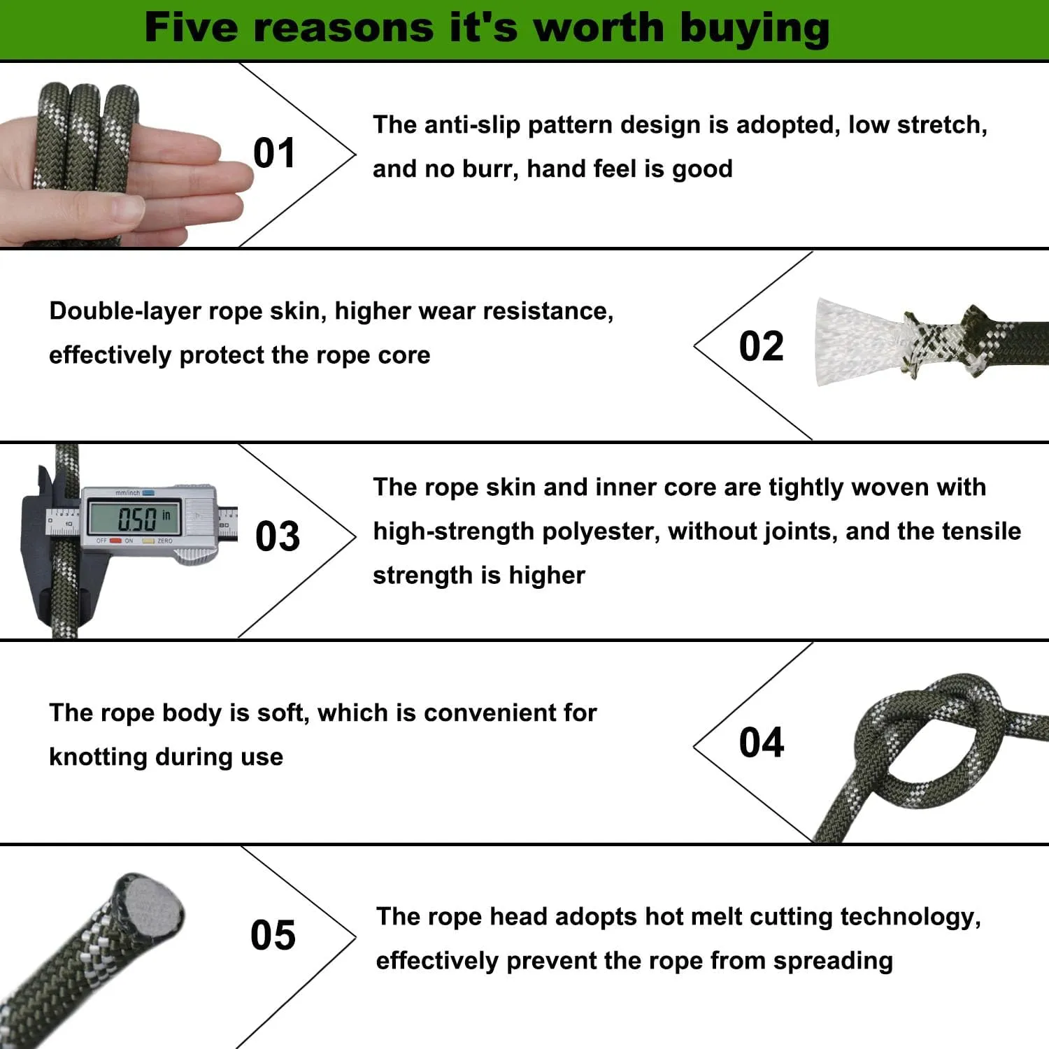 Double Braided Arborist Rigging Rope (1/2 in x 100 ft) Strong Polyester Rope 48 Strands for Tree Work Pulling Swing Sailing, ArmyGreen