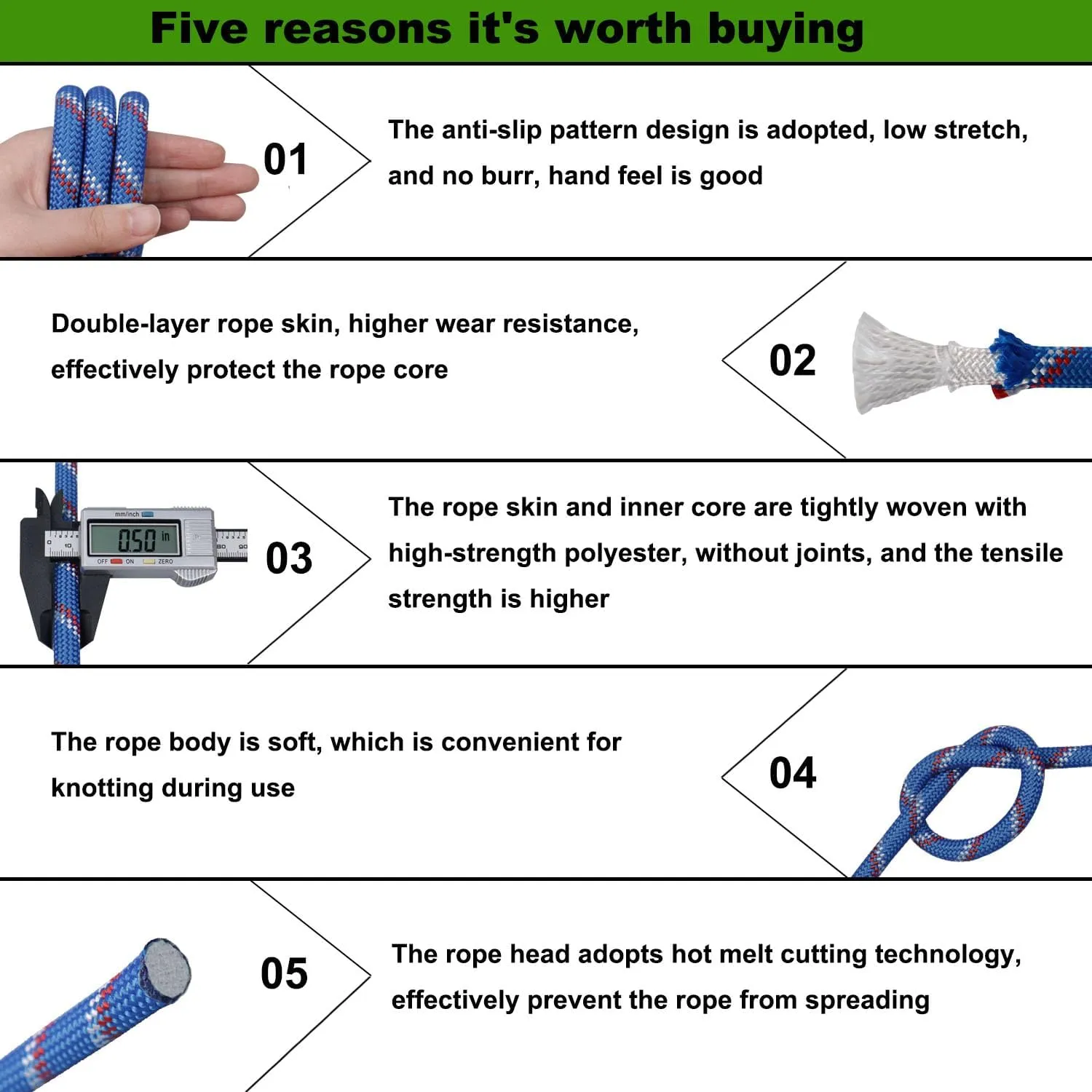 Double Braided Arborist Rigging Rope (1/2 in x 200 ft) Strong Polyester Rope 48 Strands for Tree Work Pulling Swing Sailing, Blue/White/Red