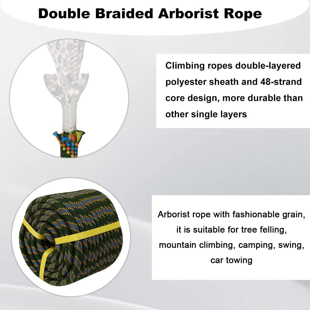 Double Braided Arborist Rope - 1/2 Inch x 150 Feet Polyester Rope - High Strength Climbing Rope for Tree Work, Halyard, Sailing (ArmyGreen/Blue)