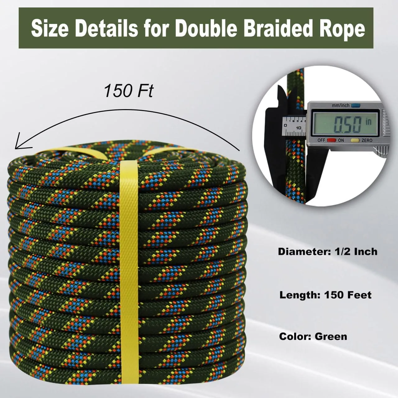 Double Braided Arborist Rope - 1/2 Inch x 150 Feet Polyester Rope - High Strength Climbing Rope for Tree Work, Halyard, Sailing (ArmyGreen/Blue)