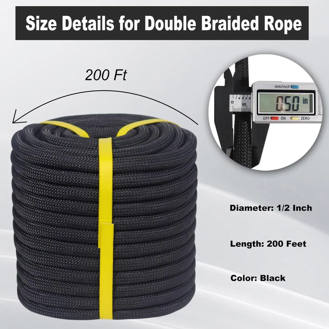 Double Braided Arborist Rope - 1/2 Inch x 200 Feet Polyester High Strength Climbing Rope for Tree Work, Swing, Halyard, Sailing(Black)