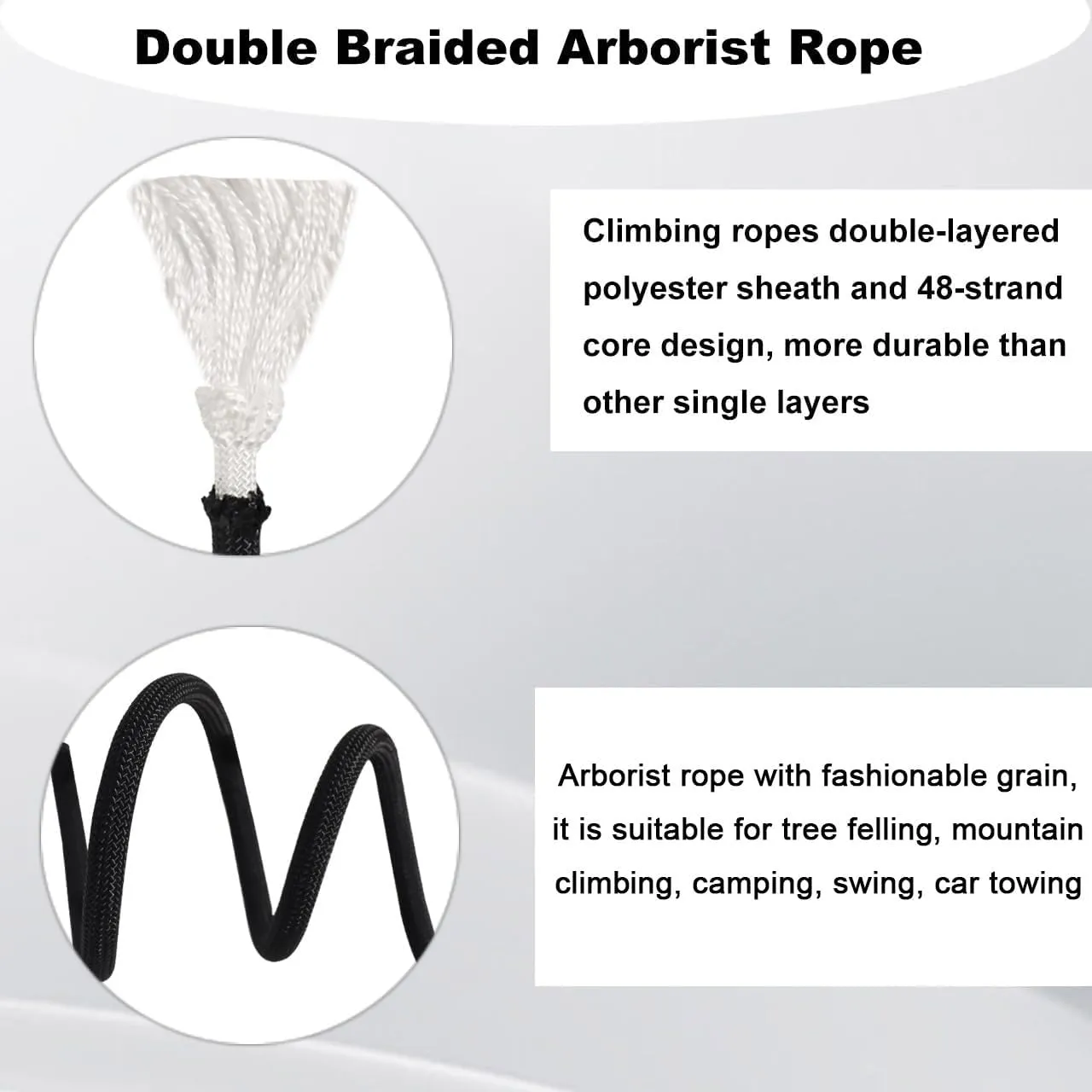 Double Braided Arborist Rope - 1/2 Inch x 200 Feet Polyester High Strength Climbing Rope for Tree Work, Swing, Halyard, Sailing(Black)