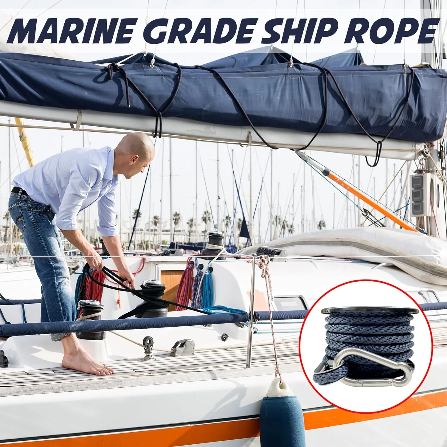 Double Braided Nylon Boat Anchor Rope 3/8inch with 316 Stainless Steel Thimble and Heavy Duty Snap Hook Marine Grade Anchor line Black (Navy Blue, 50Feet)