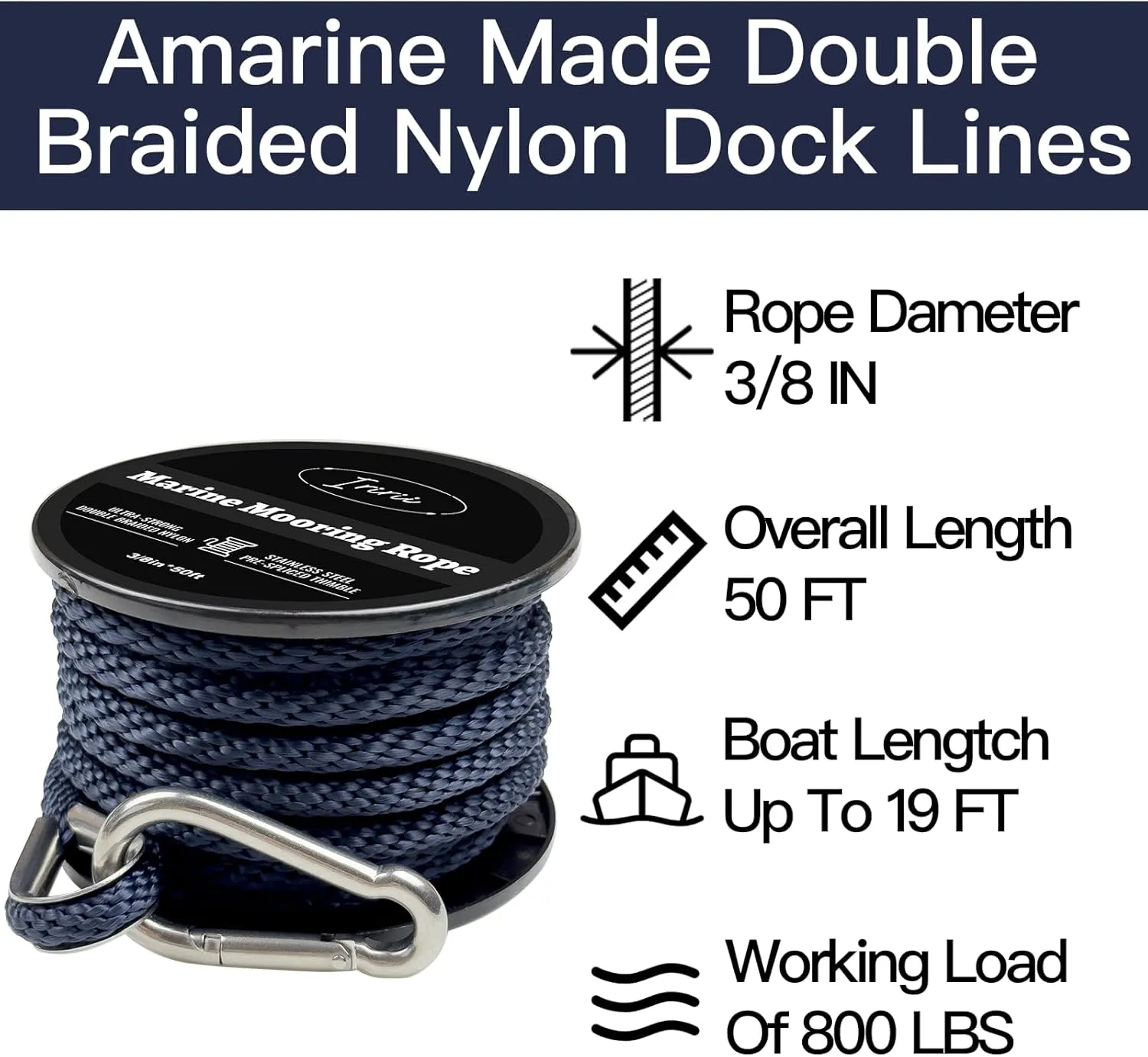 Double Braided Nylon Boat Anchor Rope 3/8inch with 316 Stainless Steel Thimble and Heavy Duty Snap Hook Marine Grade Anchor line Black (Navy Blue, 50Feet)