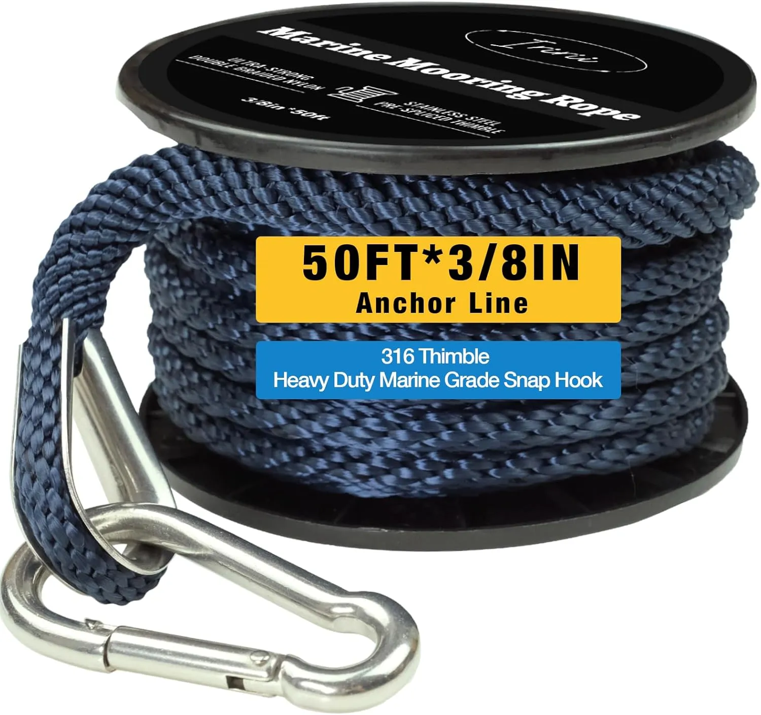 Double Braided Nylon Boat Anchor Rope 3/8inch with 316 Stainless Steel Thimble and Heavy Duty Snap Hook Marine Grade Anchor line Black (Navy Blue, 50Feet)