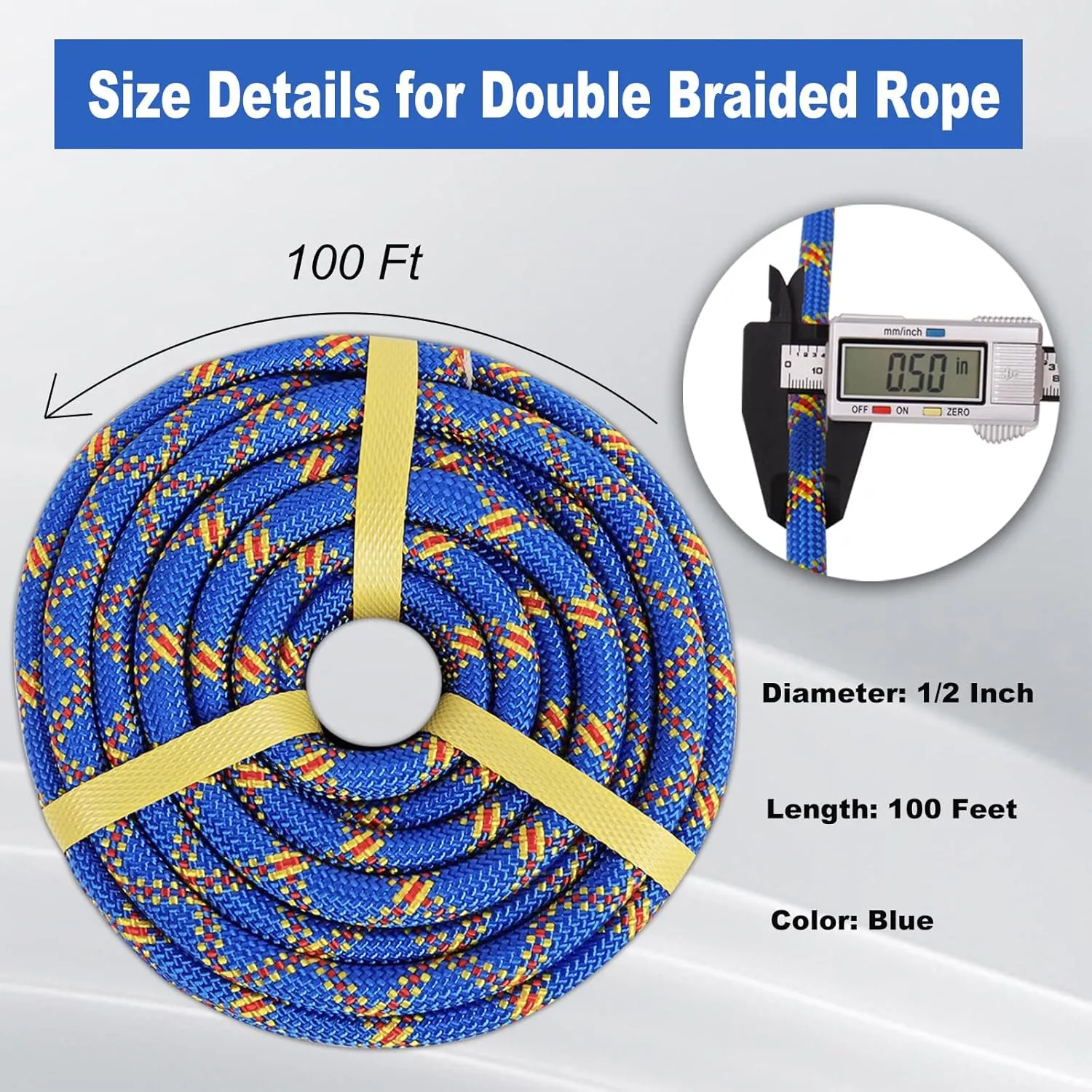 Double Braided Polyester Arborist Rigging Rope - 1/2 inch x 100 feet - High Strength Climbing Rope for Tree Work, Camping, Halyard, Sailing (Blue)