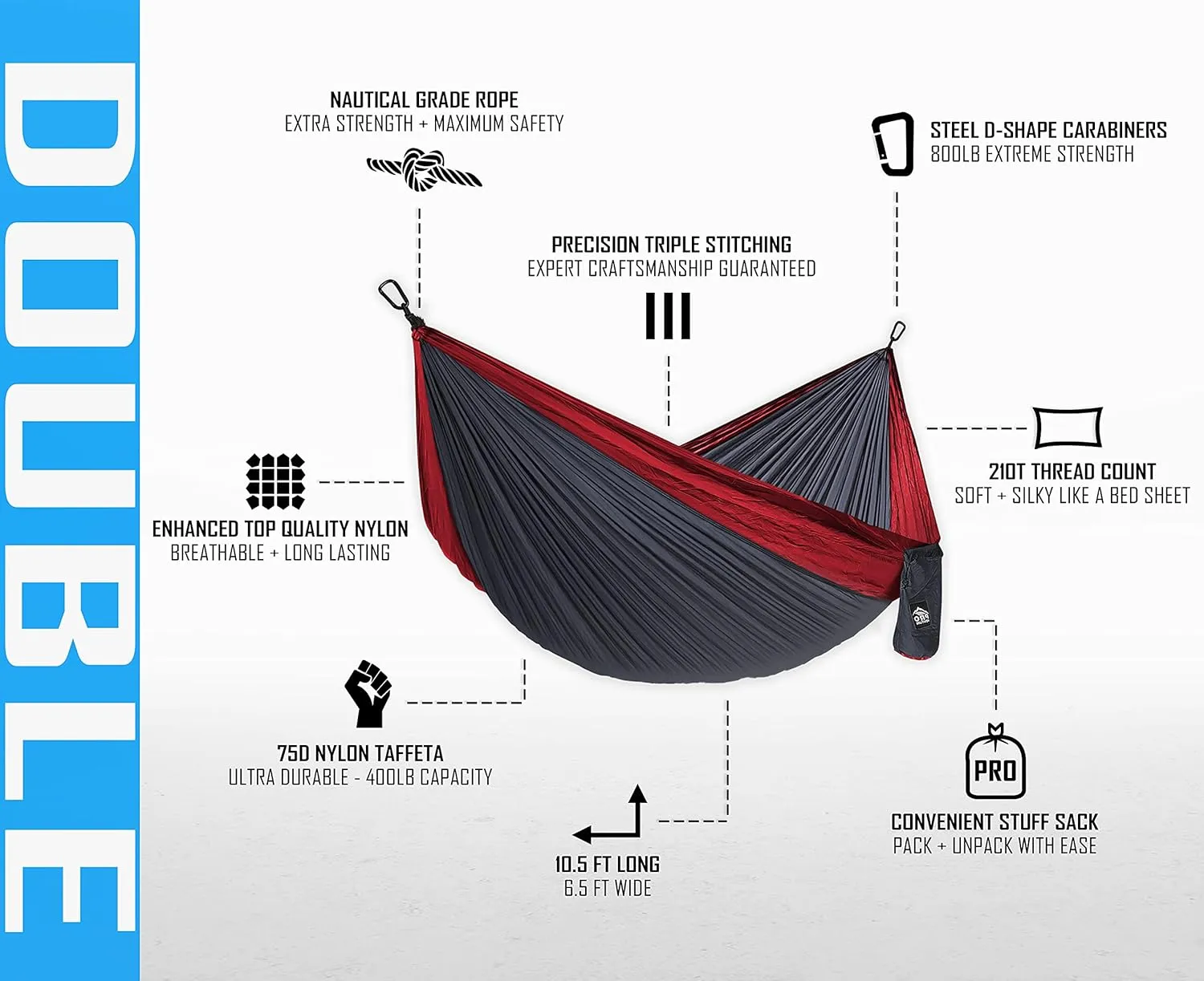 Double Camping Hammock - 10.5 x 6.5 FT (9ft Tree Straps, 2 Carabiners) - 2 Person, Portable, Lightweight Parachute Nylon 210T Hammocks - for Backpacking, Travel, Hiking, Patio (Double)…