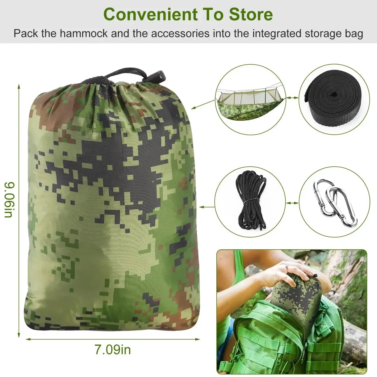 Double Camping Hammock with Mosquito Net & Carry Bag Supports 600 lbs