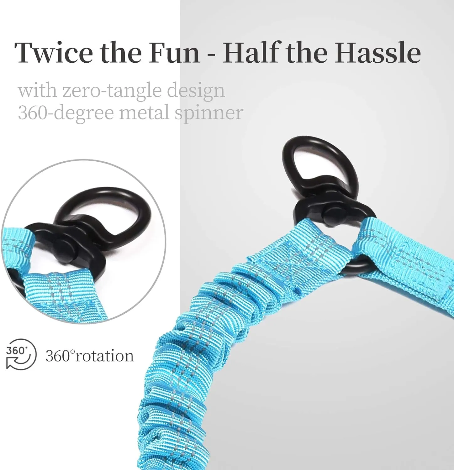 Double Dog Leash with Two Extra Traffic Handles, 360 Swivel No Tangle Dual Dog Walking Leash, Comfortable Shock Absorbing Reflective Bungee for Two Dogs (18~120 lbs, Blue)