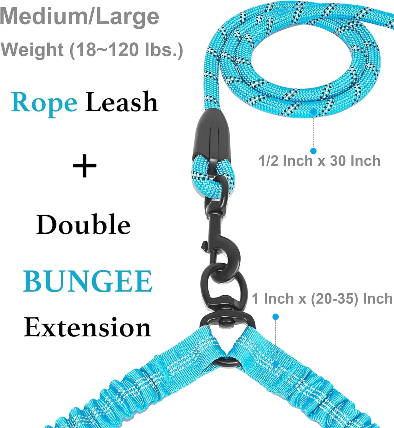 Double Dog Leash with Two Extra Traffic Handles, 360 Swivel No Tangle Dual Dog Walking Leash, Comfortable Shock Absorbing Reflective Bungee for Two Dogs (18~120 lbs, Blue)
