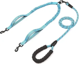 Double Dog Leash with Two Extra Traffic Handles, 360 Swivel No Tangle Dual Dog Walking Leash, Comfortable Shock Absorbing Reflective Bungee for Two Dogs (18~120 lbs, Blue)