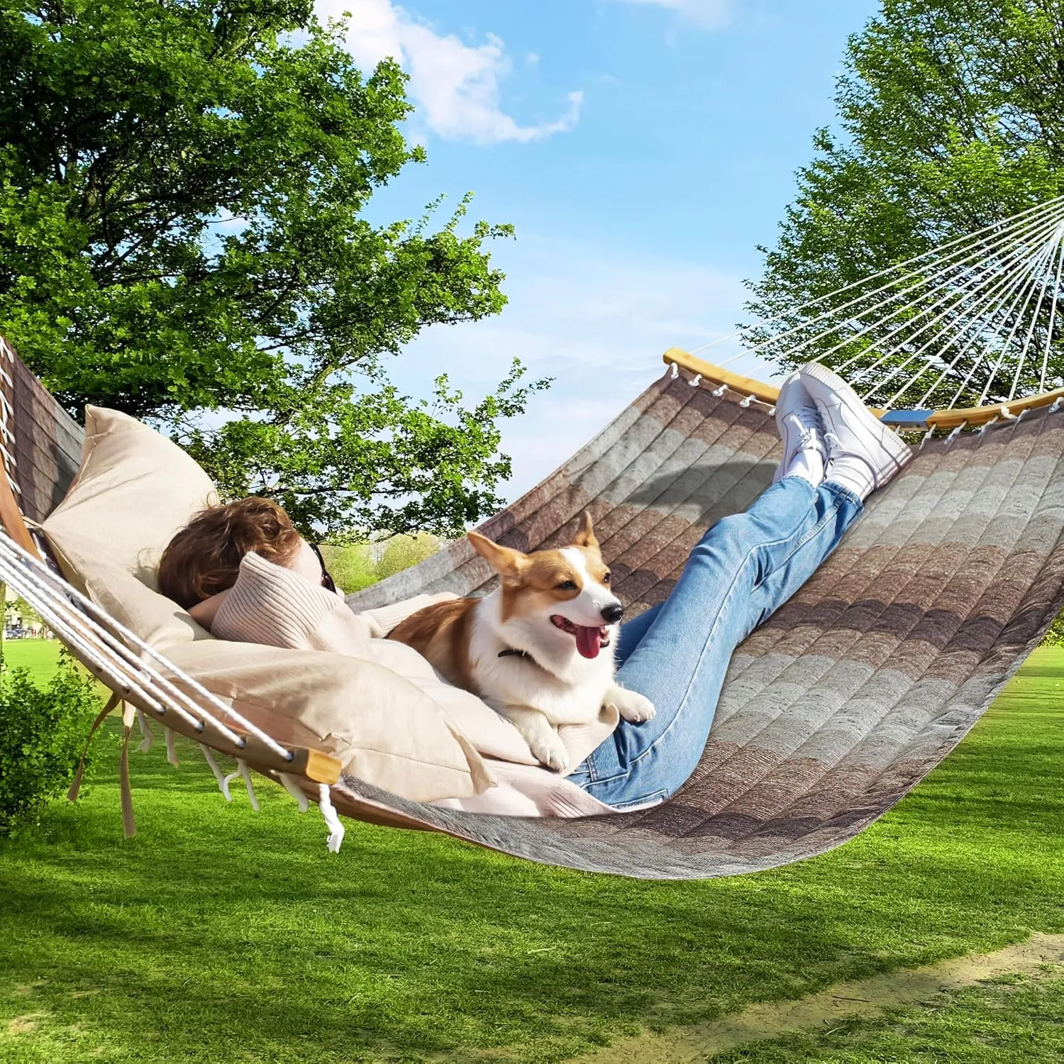Double Hammock, 11 FT Quilted Fabric 2 Person Hammock for Outside with Pillow, Folding Curved Spreader Bar, Chains, Carrying Bag, Indoor Outdoor, 450 IB Capacity, Aqua Green