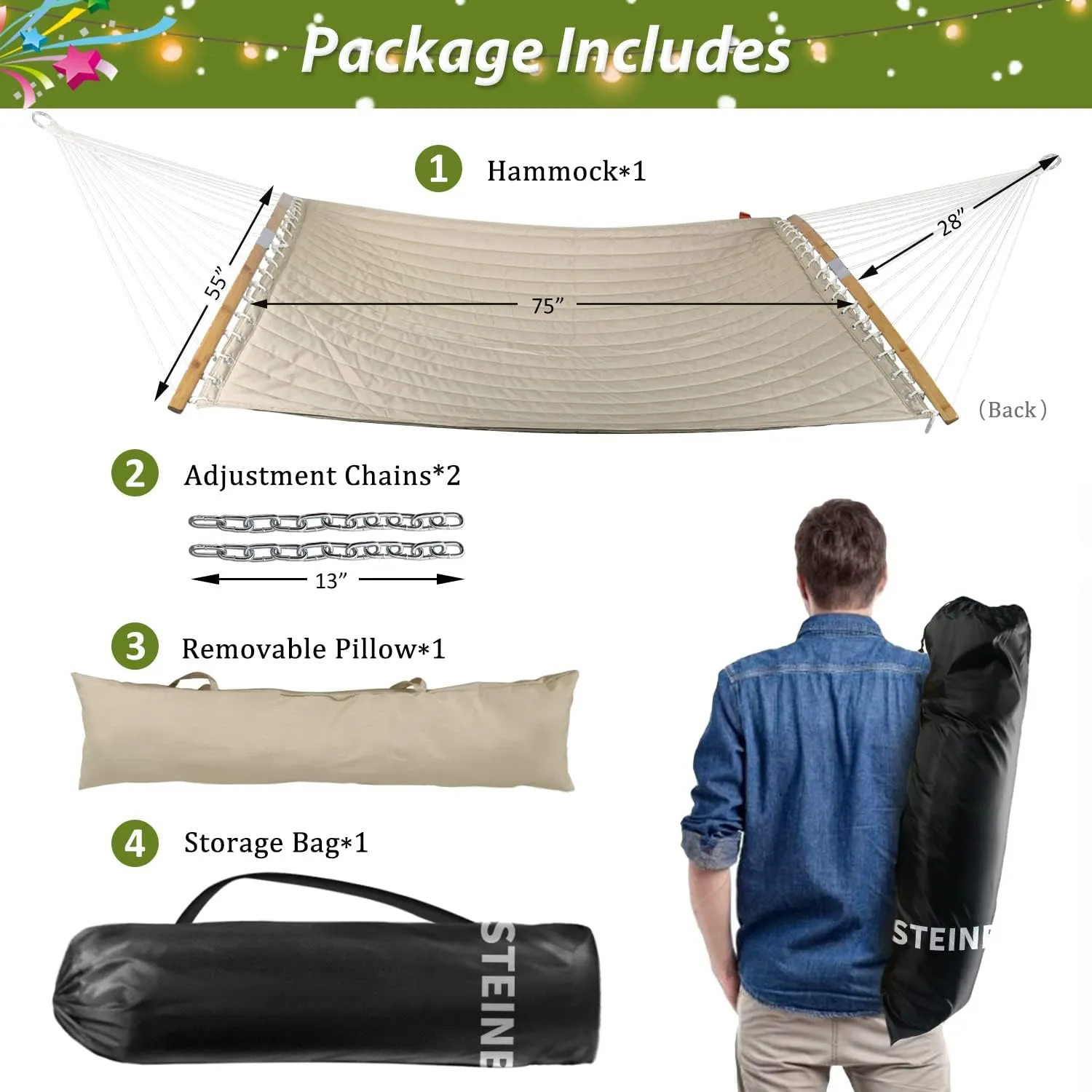 Double Hammock, 11 FT Quilted Fabric 2 Person Hammock for Outside with Pillow, Folding Curved Spreader Bar, Chains, Carrying Bag, Indoor Outdoor, 450 IB Capacity, Aqua Green