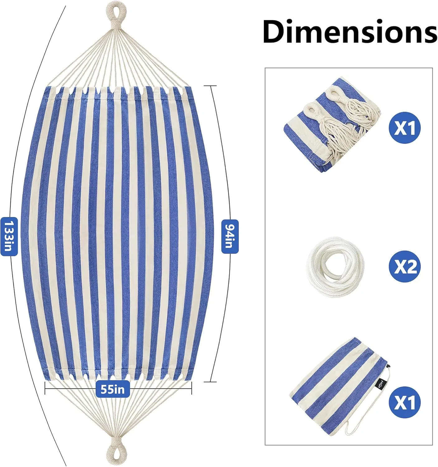 Double Hammock Brazilian Hammocks with Portable Carrying Bag,Soft Cotton Fabric, Up to 450 Lbs Hanging for Patio,Trees,Garden,Backyard,Porch,Outdoor and Indoor XXX-Large Stripe (Blue-White)
