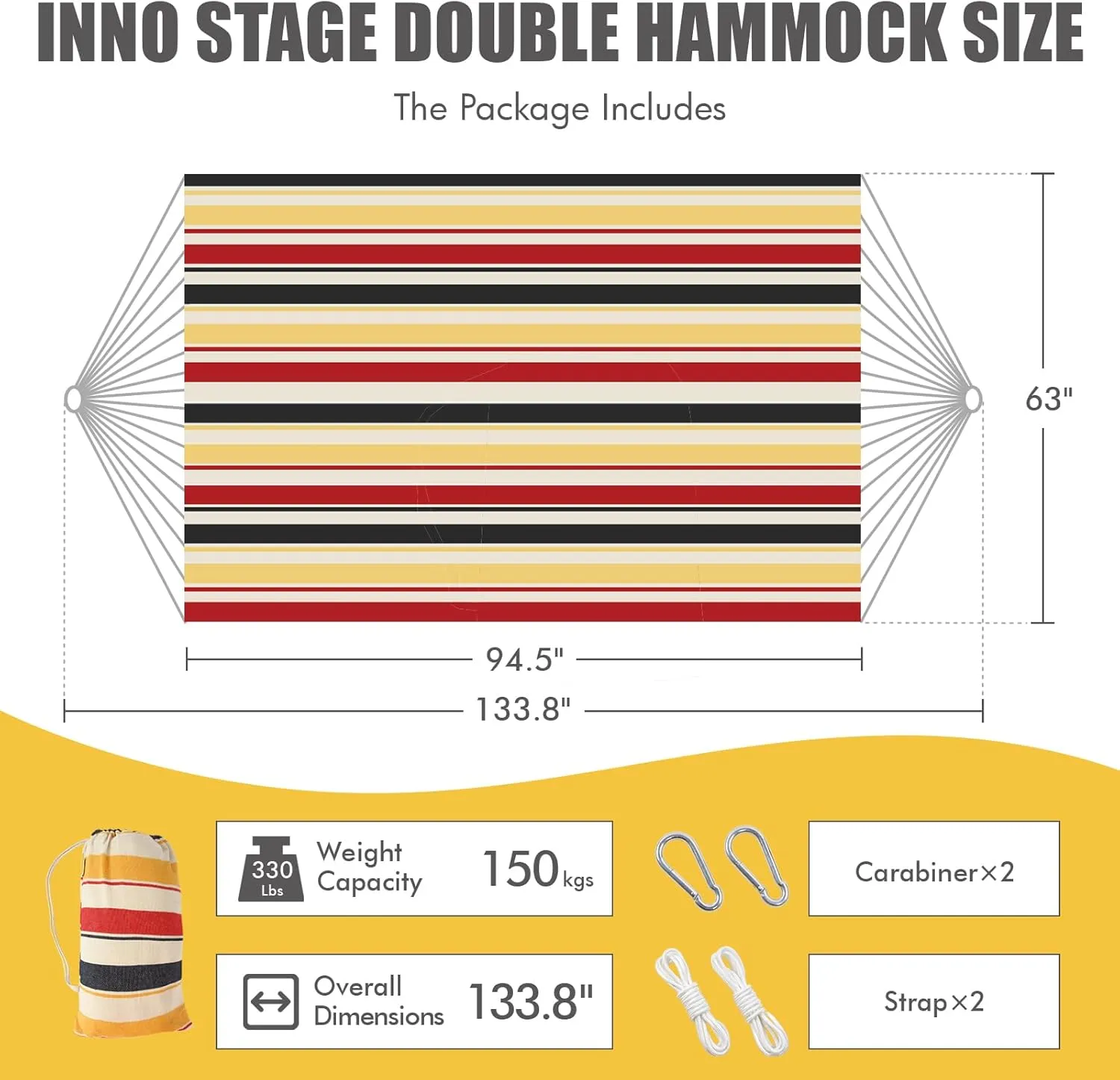 Double Hammock With 9.8FT2 Rope - Portable 2 Persons Camping Bed With Carrying Bag for Patio, Backyard, Porch, Outdoor and Indoor Use
