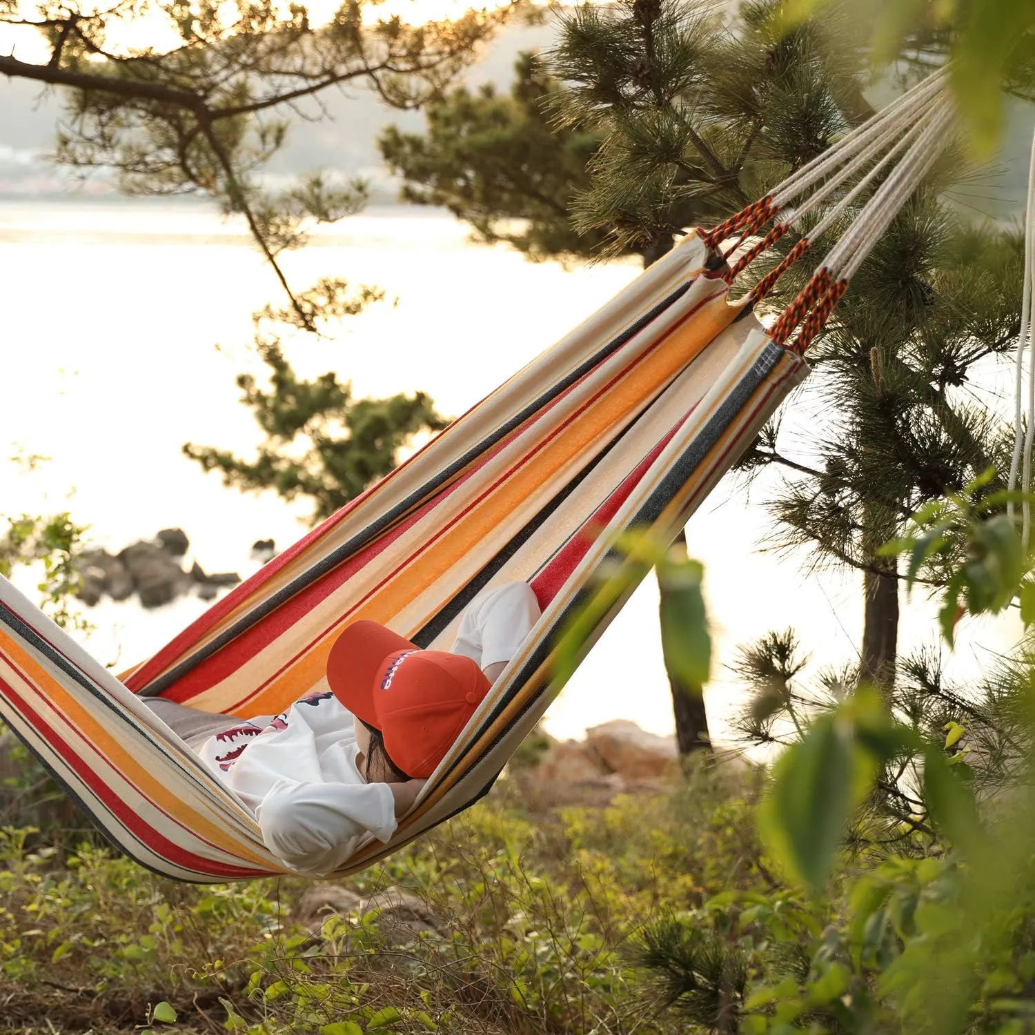 Double Hammock With 9.8FT2 Rope - Portable 2 Persons Camping Bed With Carrying Bag for Patio, Backyard, Porch, Outdoor and Indoor Use