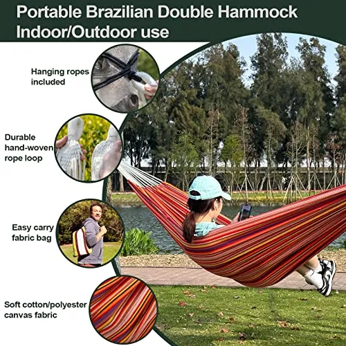 Double Hammock with Hanging Ropes, Portable Cotton Hammock- XL
