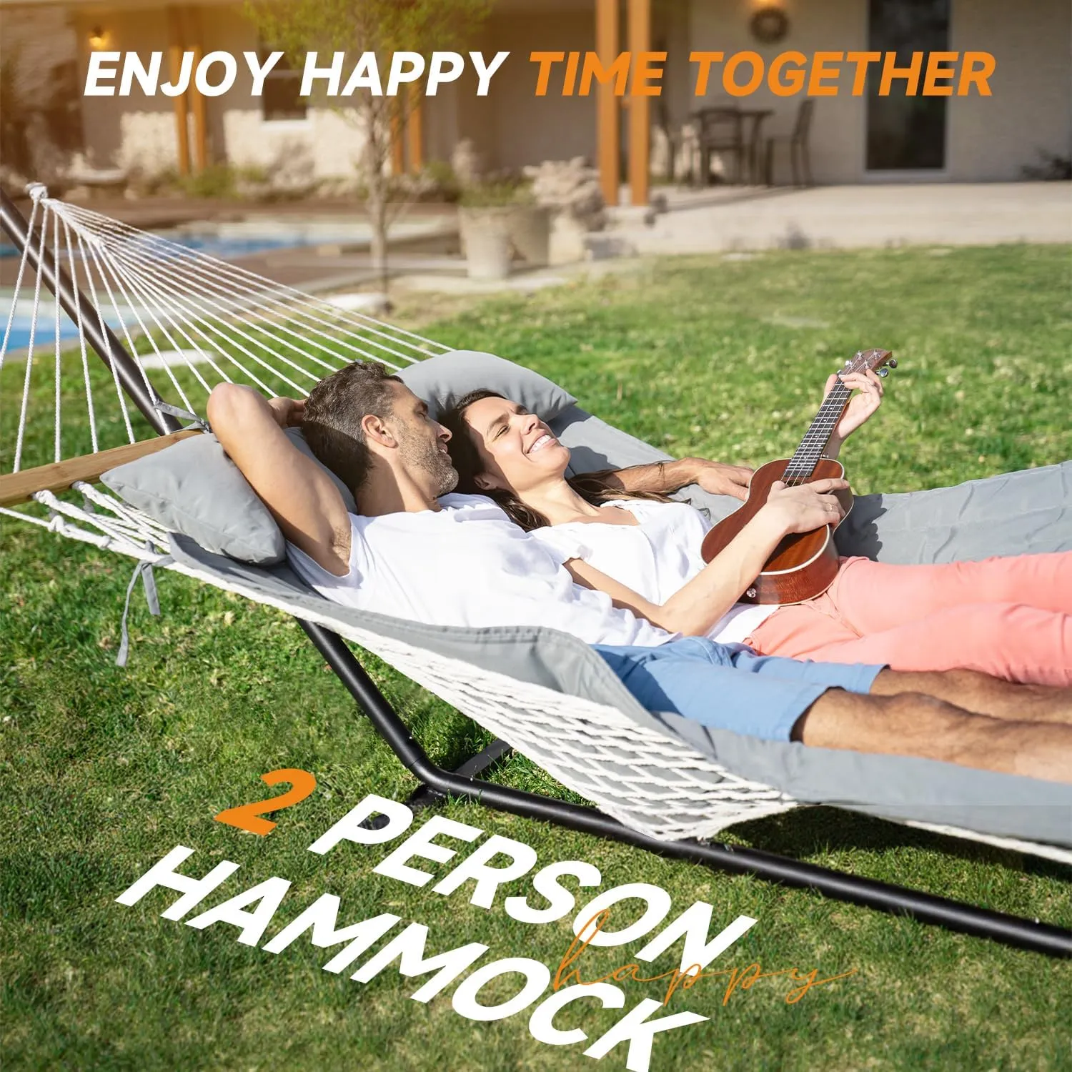 Double Hammock with Stand, 2 Person Cotton Rope Hammock with Removable Polyester Pad, 500LBS Capacity, Portable & Adjustable Design, Includes Storage Bag, Indoor Outdoor Use,Dark-Gray