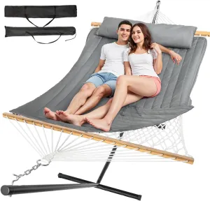 Double Hammock with Stand, 2 Person Cotton Rope Hammock with Removable Polyester Pad, 500LBS Capacity, Portable & Adjustable Design, Includes Storage Bag, Indoor Outdoor Use,Dark-Gray