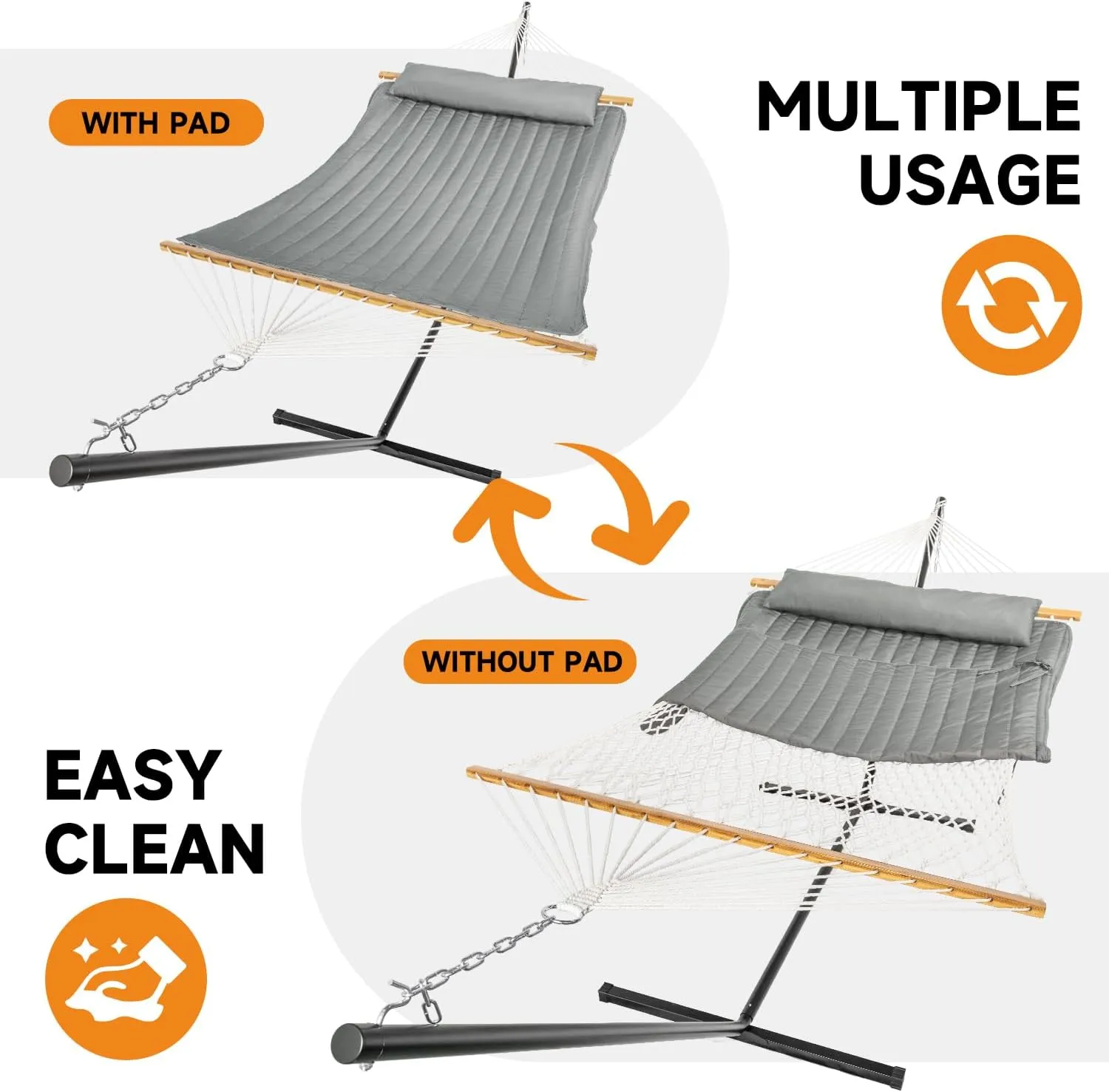 Double Hammock with Stand, 2 Person Cotton Rope Hammock with Removable Polyester Pad, 500LBS Capacity, Portable & Adjustable Design, Includes Storage Bag, Indoor Outdoor Use,Dark-Gray