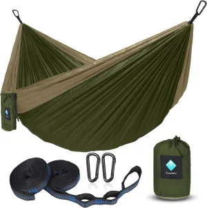 Double Hammocks for Camping, Portable Parachute Hammock for Outdoor Hiking Travel Backpacking - Hammocks Swing for Backyard & Garden 78''W 118''L (Khaki/Green)