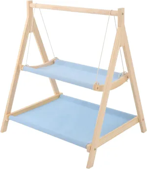 Double Layer Cat Hammock Bed, Wooden Elevated Cat Swing Bed, 28" L x22.4 W x 32.3" H Washable Hanging Pet Bed for Multiple Cats (Blue)