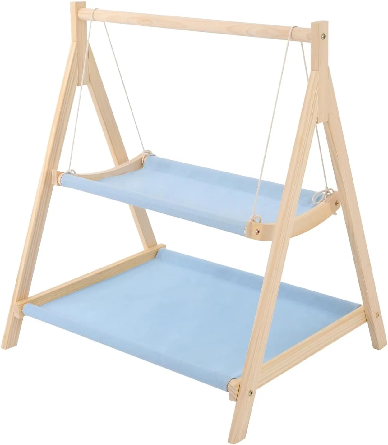Double Layer Cat Hammock Bed, Wooden Elevated Cat Swing Bed, 28" L x22.4 W x 32.3" H Washable Hanging Pet Bed for Multiple Cats (Blue)