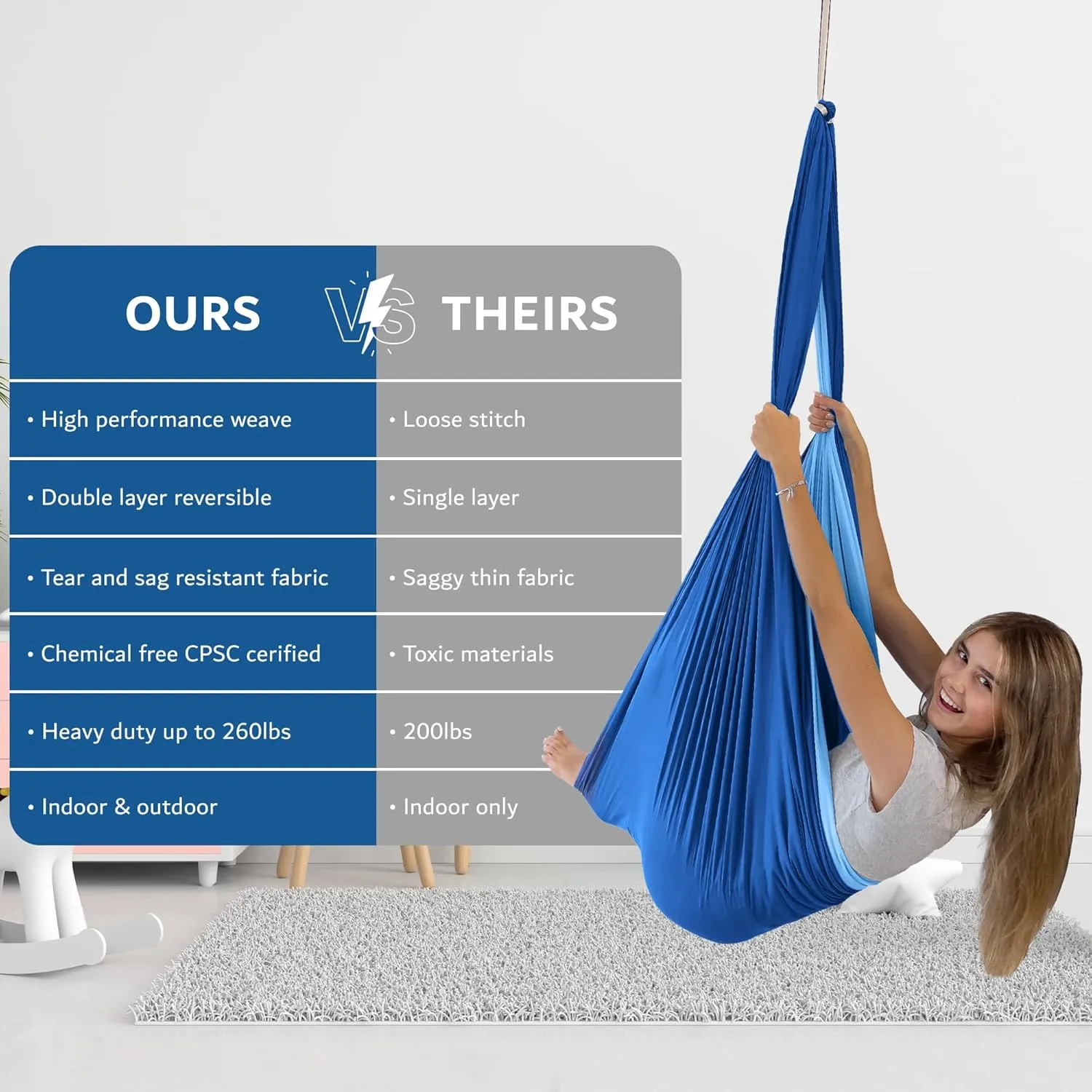 Double Layer Reversible Sensory Swing| Outdoor and Indoor Swing For Kids and Adults Up to 260 lbs | Autism Cocoon Swing | Kids Sensory Swing