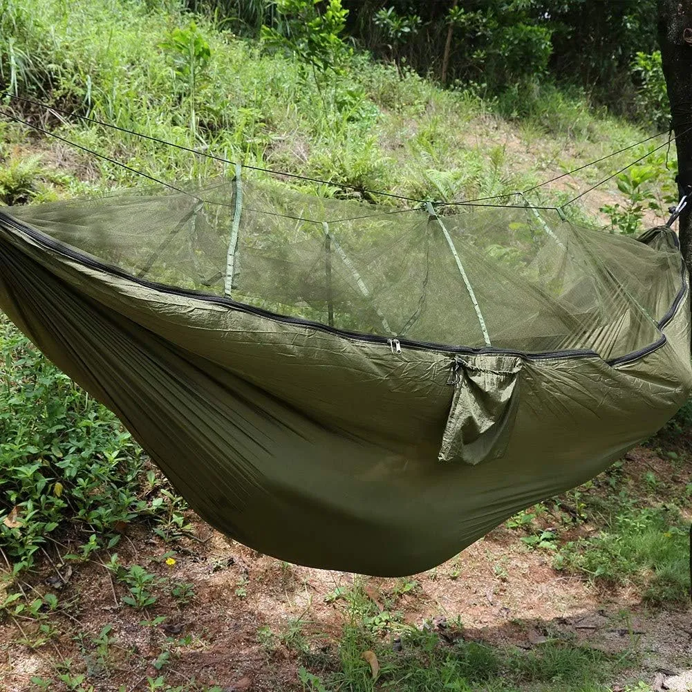 Double Person Camping Hammock with Mosquito Net for Outdoor Garden Jungle Military Green (Green)
