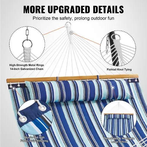 Double Quilted Fabric Hammock 480lbs Capacity Without Stand Blue Cyan Stripe
