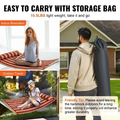 Double Quilted Fabric Hammock 480lbs Capacity Without Stand Red Orange Stripe