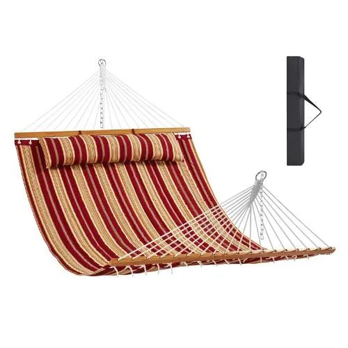Double Quilted Fabric Hammock 480lbs Capacity Without Stand Red Orange Stripe