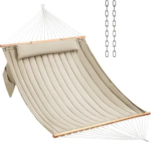 Double Quilted Fabric Hammock With Hardwood Spreader Bars and Pillow - 450 LBS Capacity, 2 Person, Large for Outdoor Patio Backyard Poolside - Tan