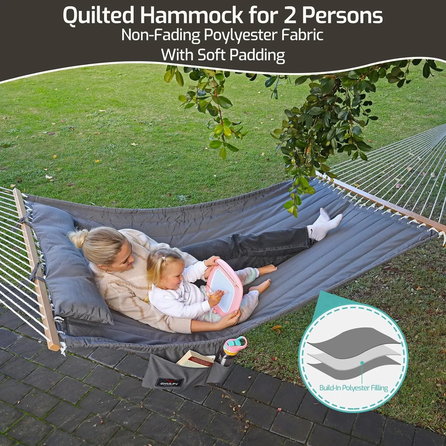 Double Quilted Fabric Hammock With Hardwood Spreader Bars and Pillow - 450 LBS Capacity, 2 Person, Large for Outdoor Patio Backyard Poolside - Tan
