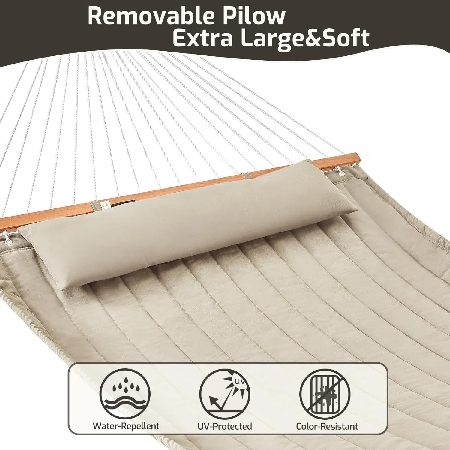 Double Quilted Fabric Hammock With Hardwood Spreader Bars and Pillow - 450 LBS Capacity, 2 Person, Large for Outdoor Patio Backyard Poolside - Tan