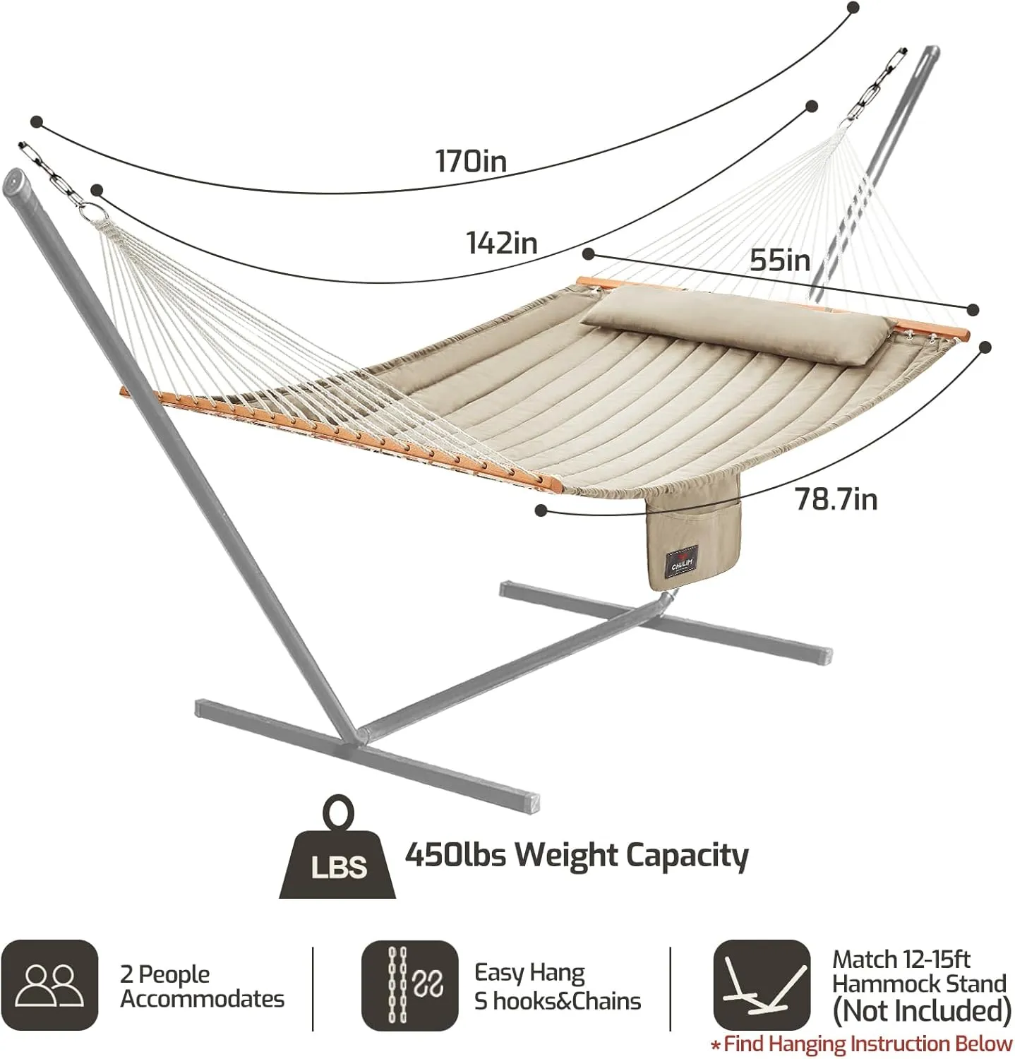Double Quilted Fabric Hammock With Hardwood Spreader Bars and Pillow - 450 LBS Capacity, 2 Person, Large for Outdoor Patio Backyard Poolside - Tan