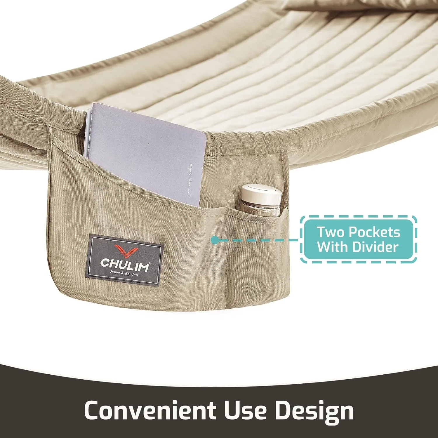 Double Quilted Fabric Hammock With Hardwood Spreader Bars and Pillow - 450 LBS Capacity, 2 Person, Large for Outdoor Patio Backyard Poolside - Tan