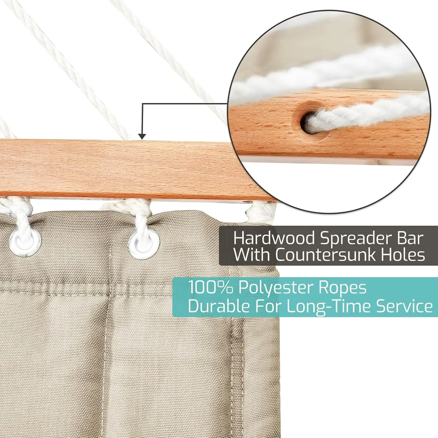 Double Quilted Fabric Hammock With Hardwood Spreader Bars and Pillow - 450 LBS Capacity, 2 Person, Large for Outdoor Patio Backyard Poolside - Tan