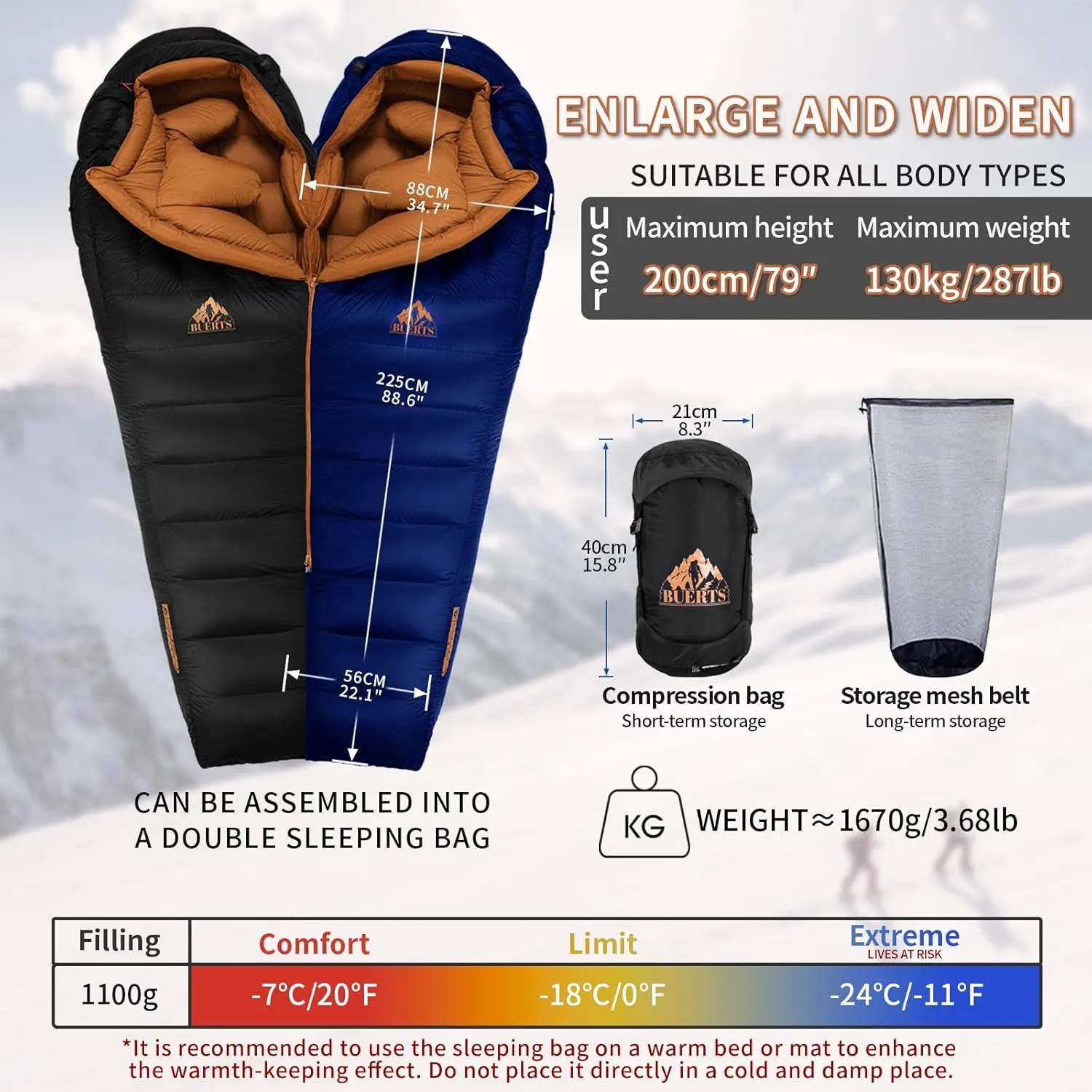 Down Backpacking Sleeping Bag for Cold Weather 45°F to -11°F, XXL Large Ultralight Sleeping Bag Ideal for Adults Camping, Hiking and Backpacking.