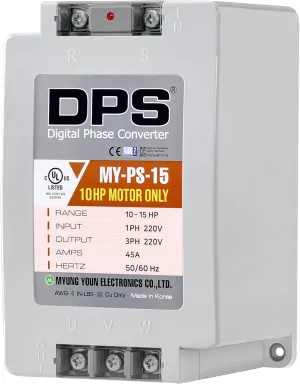 DPS Sinlge Phase to 3 Phase Converter, 15HP, 45A, Input/Output 200V - 240V MY-PS-15 Model Must Be Used for 10HP(7.5kW) 30A Motor, DPS Must Be Used for 1 Motor Only, UL-Listed