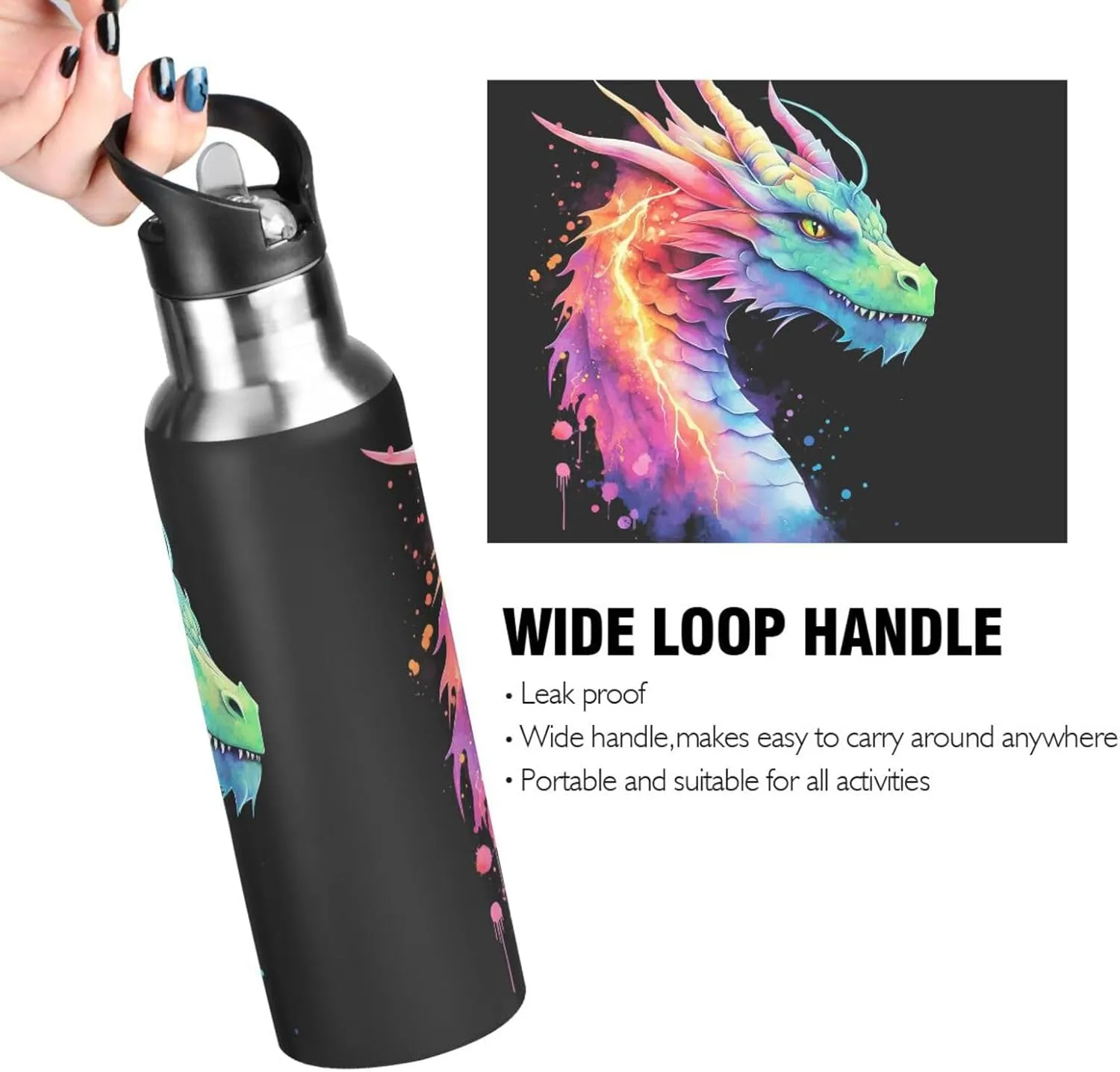 Dragon Rainbow Lightning Water Bottle Kids Boys Girls Insulated Stainless Steel Hot Cold Water Flask with Straw Lid for Sports Gym Running 20 oz