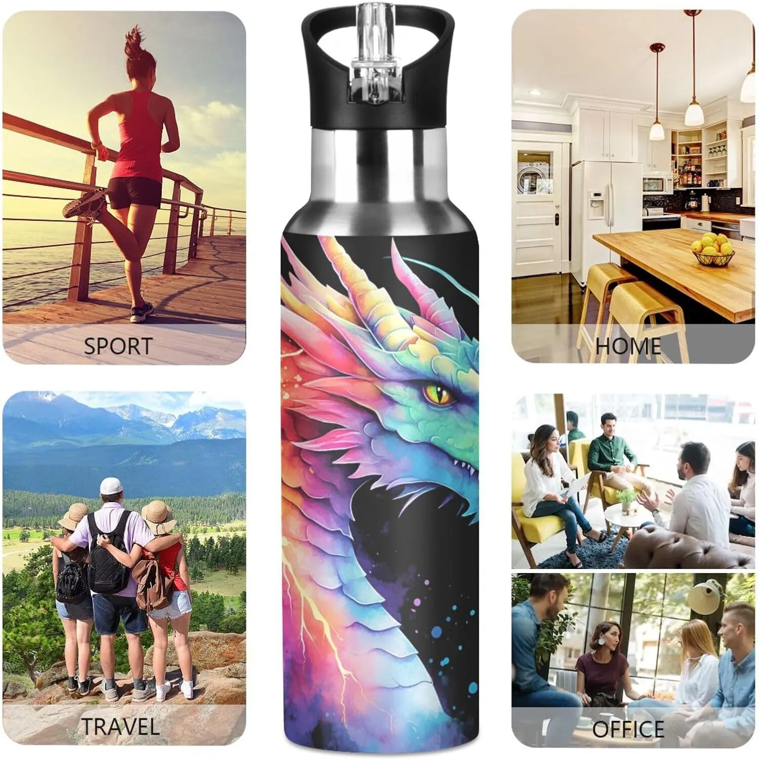 Dragon Rainbow Lightning Water Bottle Kids Boys Girls Insulated Stainless Steel Hot Cold Water Flask with Straw Lid for Sports Gym Running 20 oz