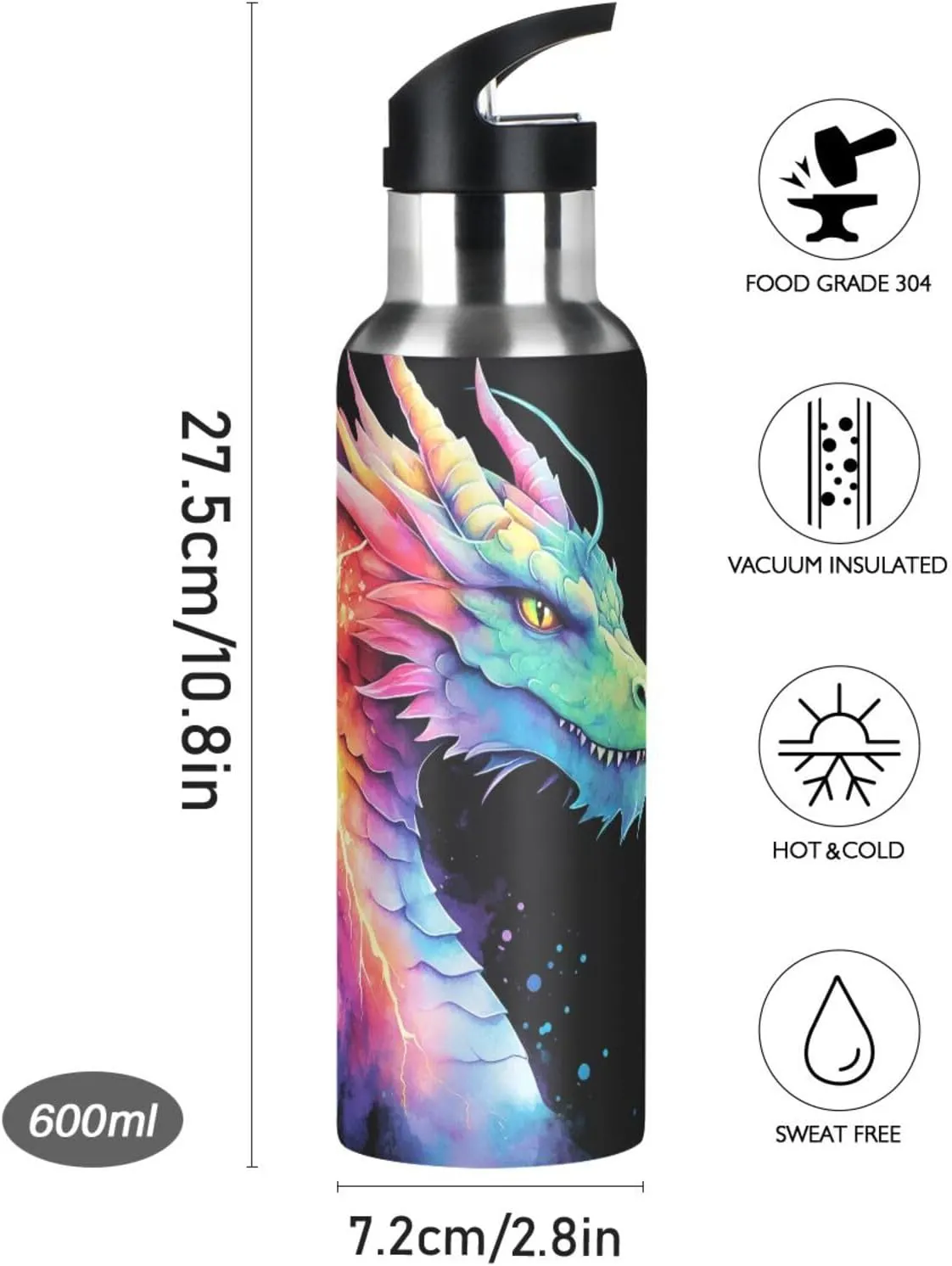 Dragon Rainbow Lightning Water Bottle Kids Boys Girls Insulated Stainless Steel Hot Cold Water Flask with Straw Lid for Sports Gym Running 20 oz