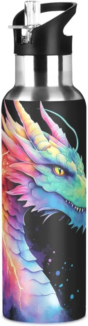 Dragon Rainbow Lightning Water Bottle Kids Boys Girls Insulated Stainless Steel Hot Cold Water Flask with Straw Lid for Sports Gym Running 20 oz