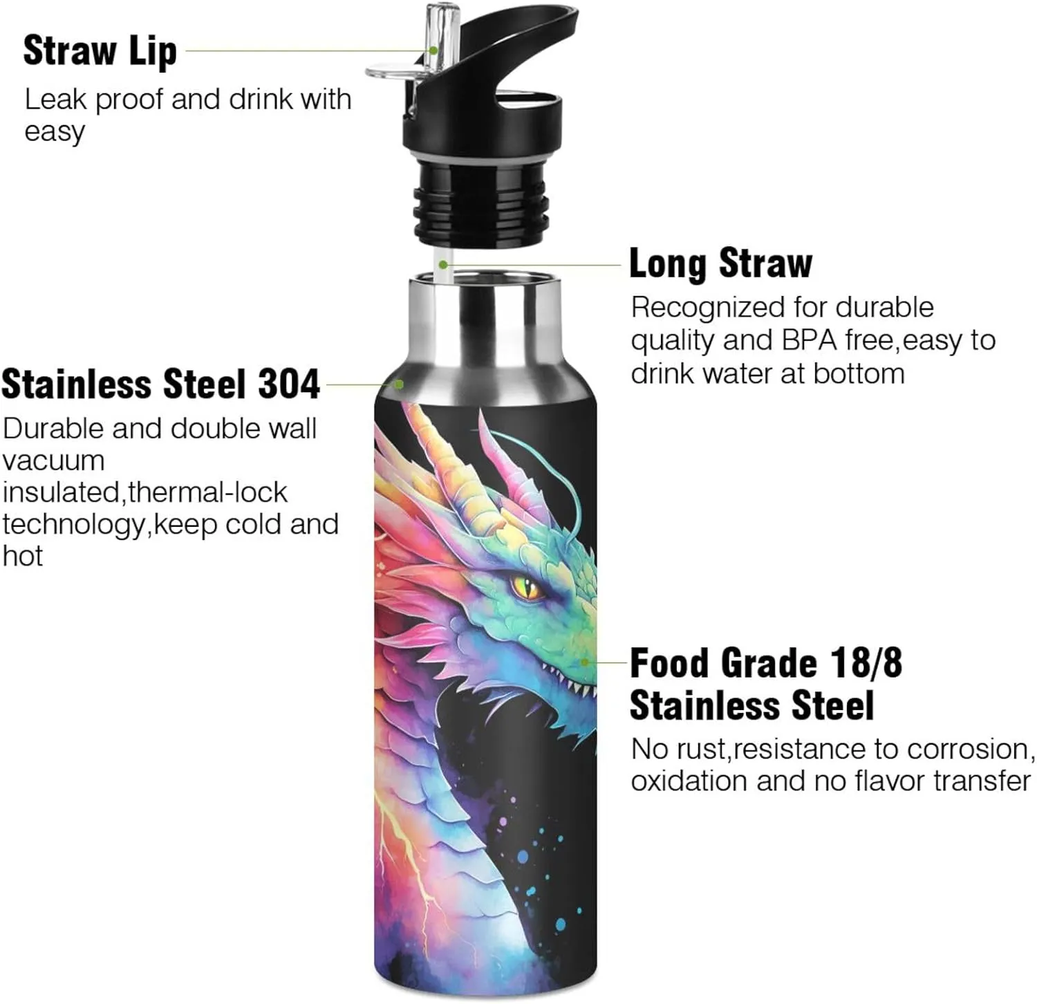 Dragon Rainbow Lightning Water Bottle Kids Boys Girls Insulated Stainless Steel Hot Cold Water Flask with Straw Lid for Sports Gym Running 20 oz