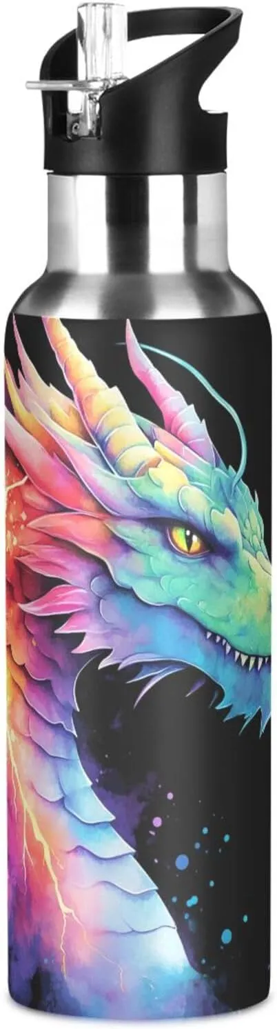 Dragon Rainbow Lightning Water Bottle Kids Boys Girls Insulated Stainless Steel Hot Cold Water Flask with Straw Lid for Sports Gym Running 20 oz