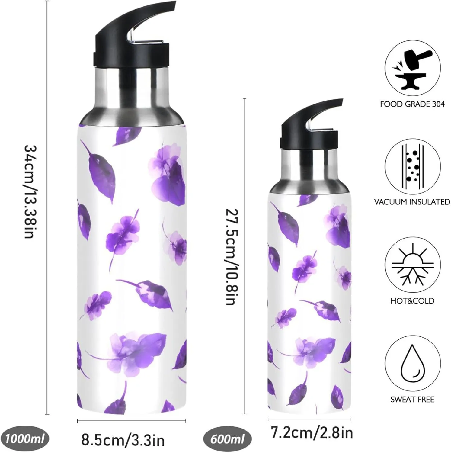 Dream Leaf Sports Water Bottle with Straw, 22oz BPA Free Stainless Steel Vacuum Insulated Bottle for Gym Fitness Outdoor